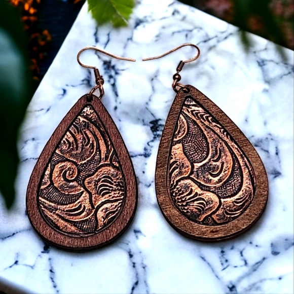 Wooden Faux Leather Vegan Drop Earrings - Picture 1 of 5